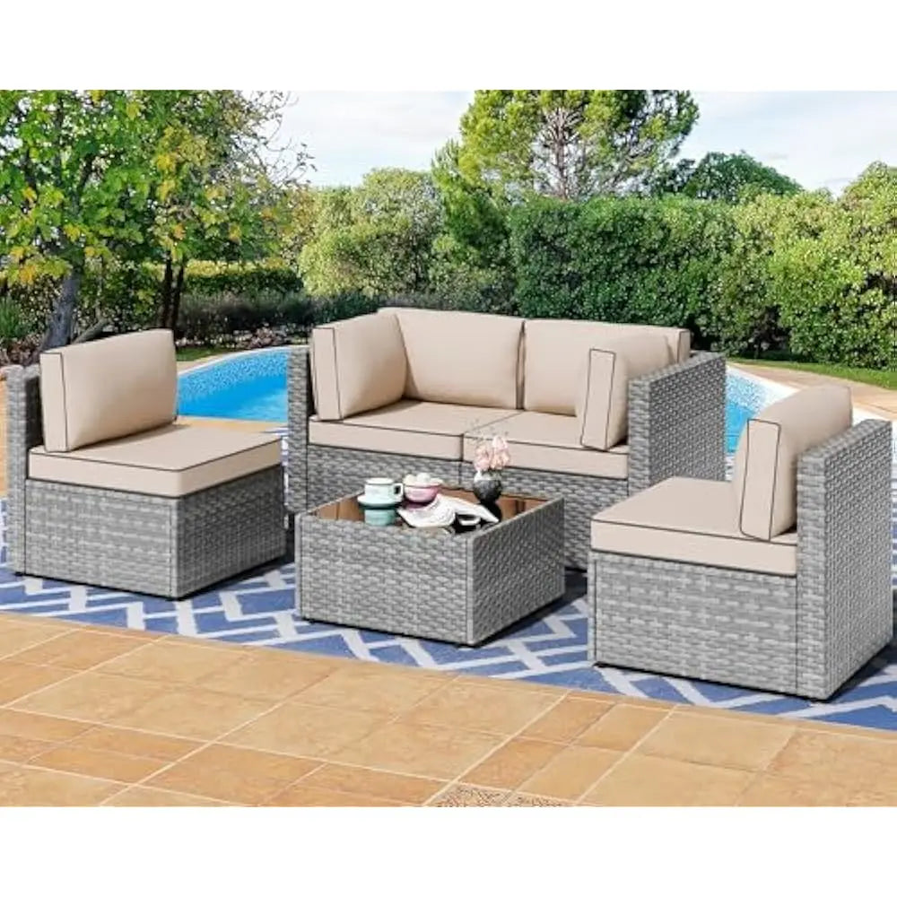Gray Outdoor Wicker Sectional Sofa, Chairs, Table