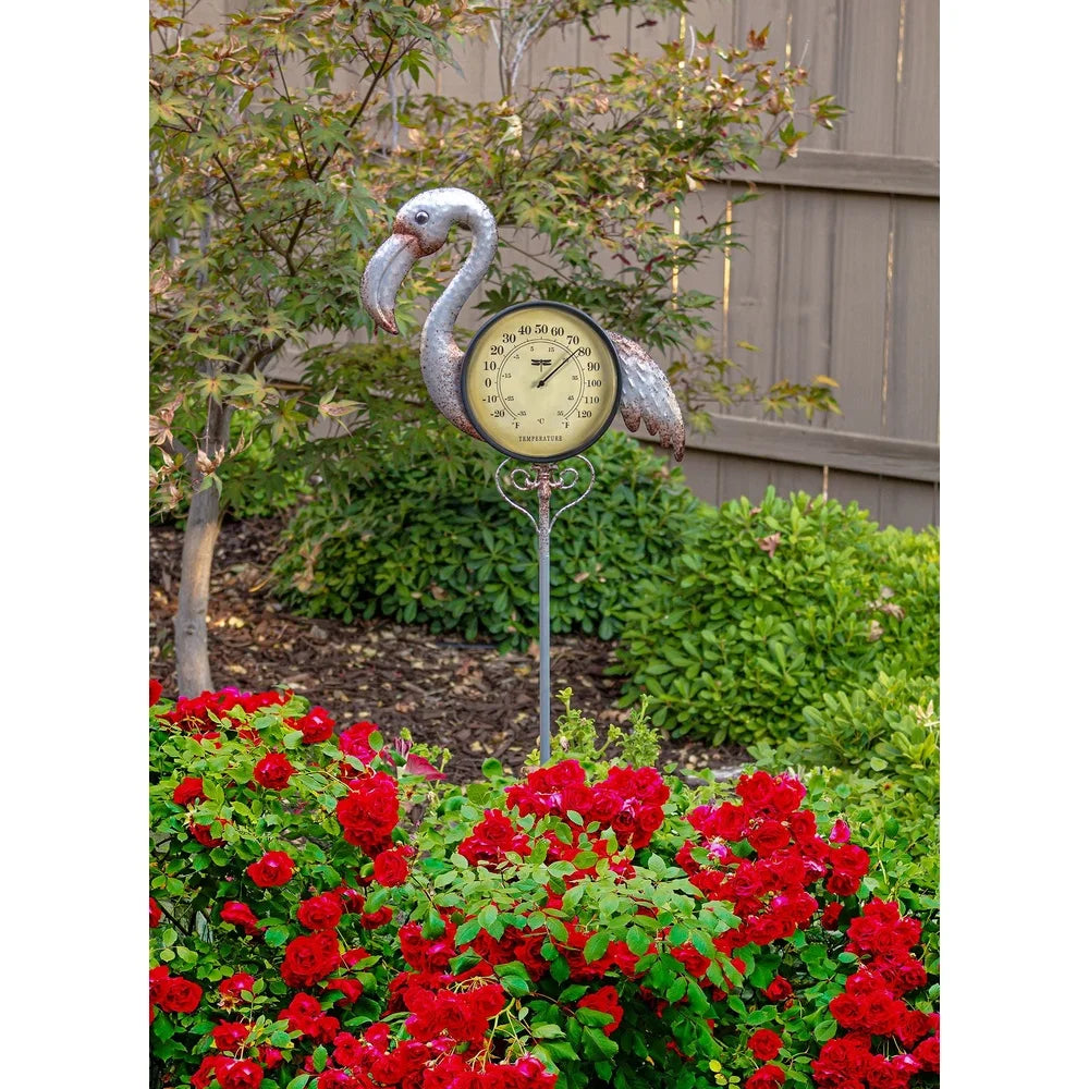 Rustic Iron Flamingo Outdoor Thermometer Garden Stake