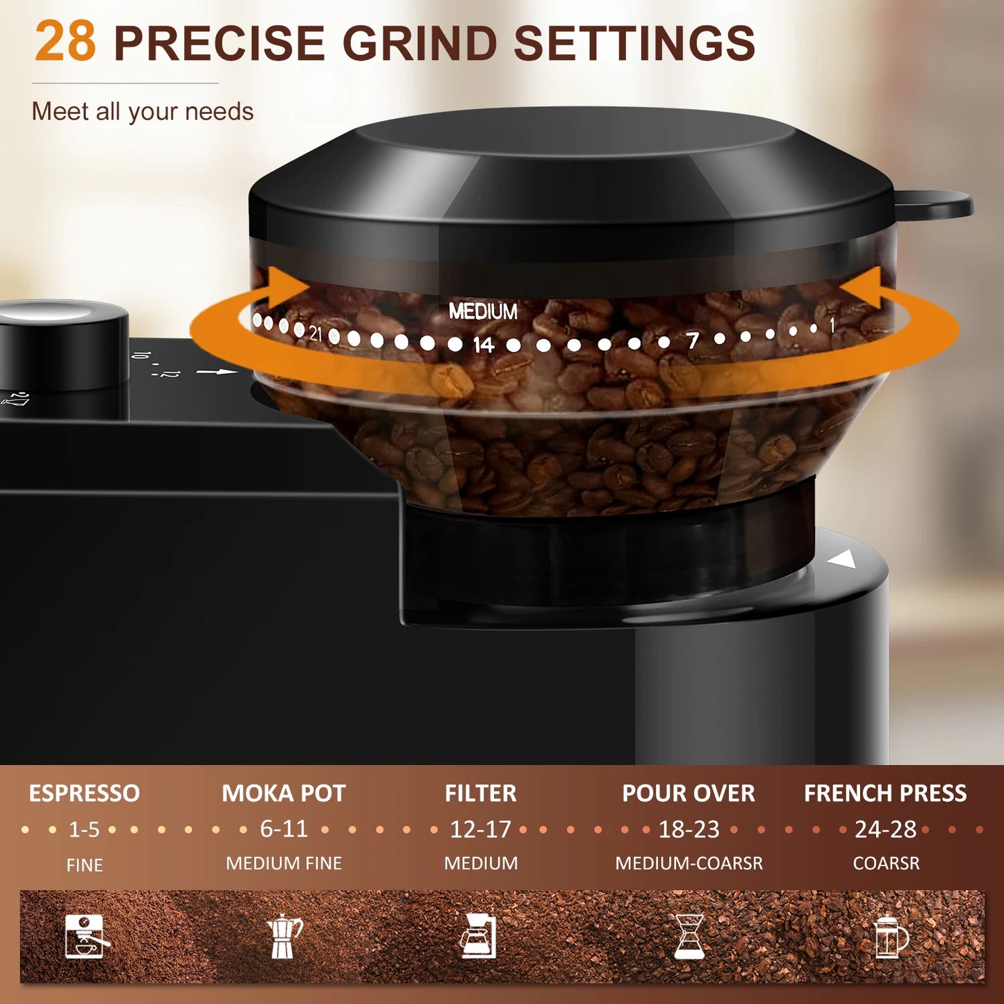 Automatic Electric Burr Mill Coffee Bean Grinder Electric Coffee Bean Grinding With 28 Adjustable Gears for Espresso French Press Drip Coffee