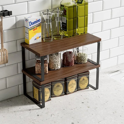 Simple Kitchen Cabinet Organizer Shelf- Wood & Metal         Kitchen Counter Shelves Kitchen Storage Spice Rack Stackable Metal and Engineered Wood