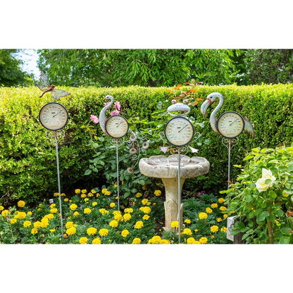 Rustic Iron Flamingo Outdoor Thermometer Garden Stake