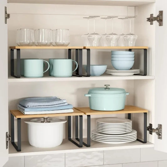 Simple Kitchen Cabinet Organizer Shelf- Wood & Metal         Kitchen Counter Shelves Kitchen Storage Spice Rack Stackable Metal and Engineered Wood