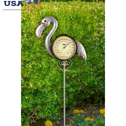 Rustic Iron Flamingo Outdoor Thermometer Garden Stake