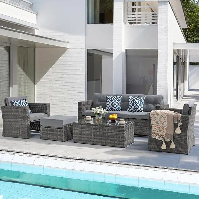 7-Piece All-Weather Patio Furniture- Wicker Sectional & Ottoman