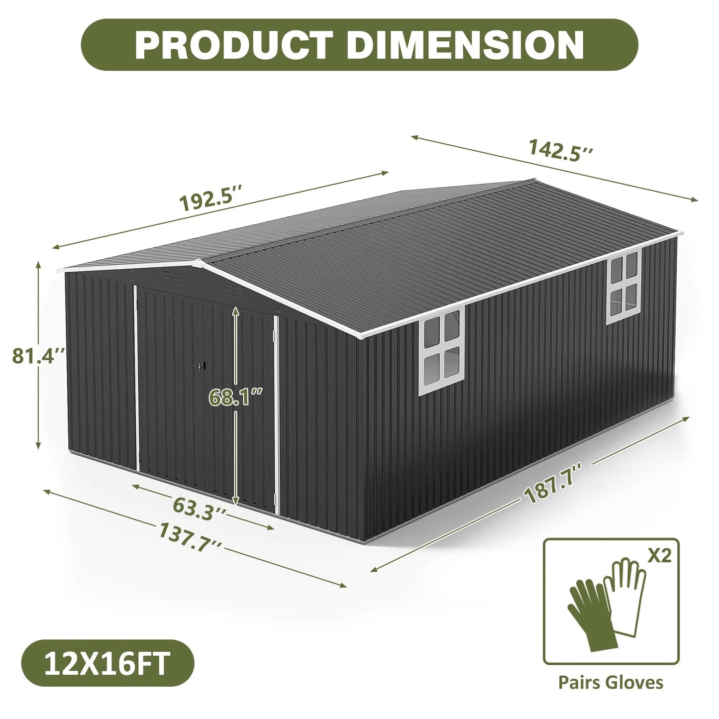 10'x10'~12'x18' Lockable Metal Storage Heavy-Duty Frame Shed