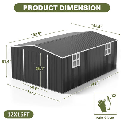 10'x10'~12'x18' Lockable Metal Storage Heavy-Duty Frame Shed