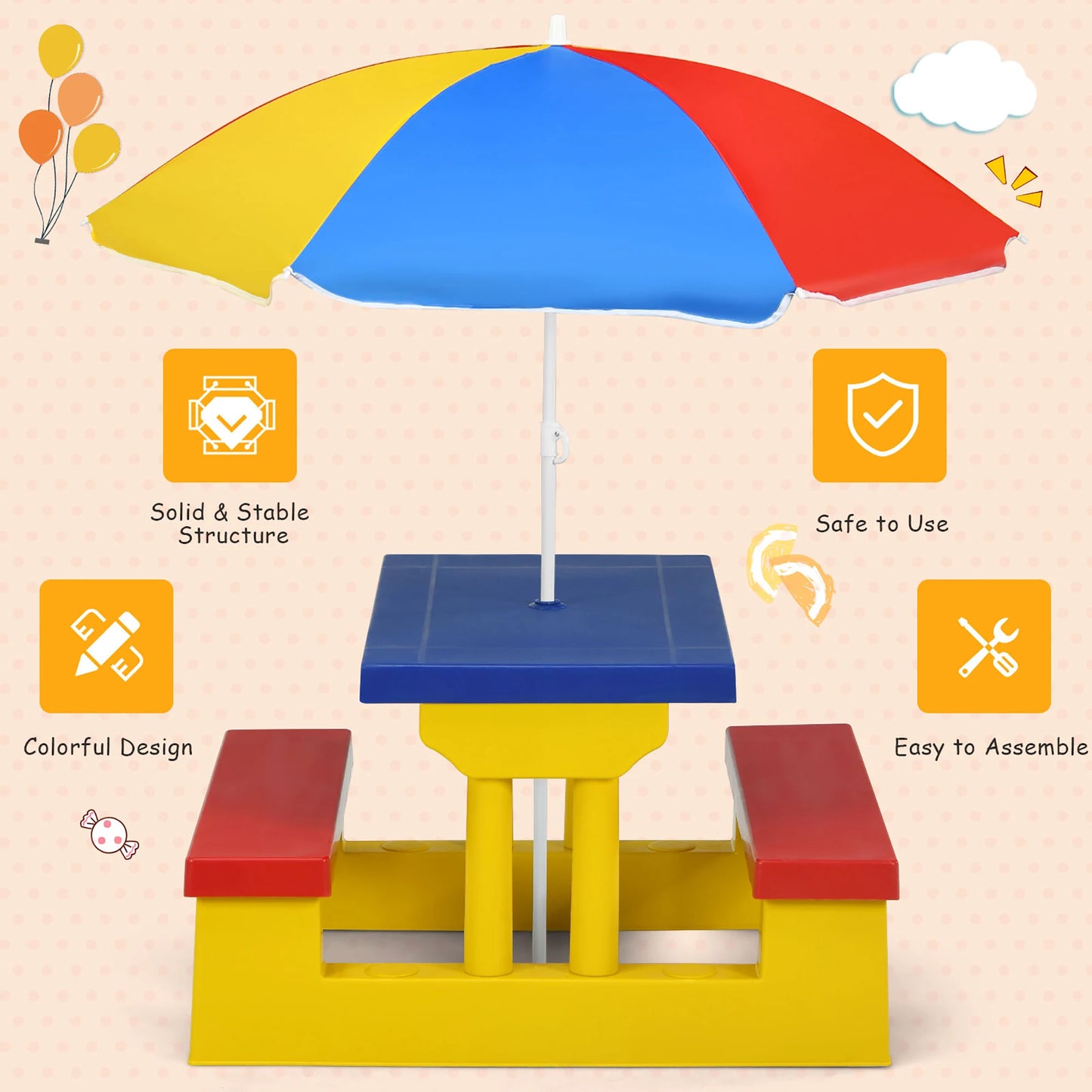 Kids Picnic Table W/Removable Umbrella Indoor Outdoor