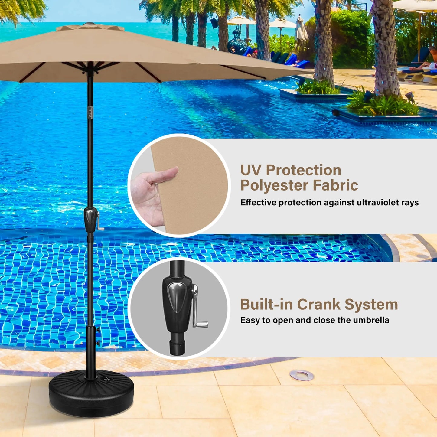 9' Outdoor Patio Umbrella, Push Button Tilt/Crank