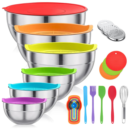 29-Piece Stainless Steel Mixing & Serving Bowl Set - Various Sizes Premium Kitchen Essentials for Mixing and Serving - Non-Slip