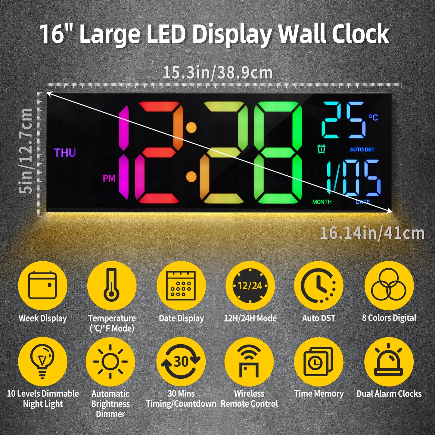 16" Digital Wall Clock, Big LED Display                     with Remote, 8 RGB Color, Alarm, DST, Temperature for Living Room, Kitchen