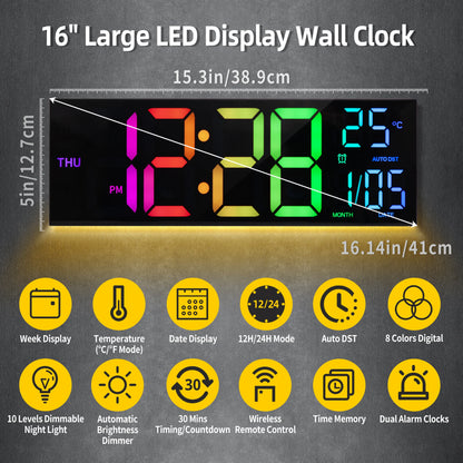 16" Digital Wall Clock, Big LED Display                     with Remote, 8 RGB Color, Alarm, DST, Temperature for Living Room, Kitchen