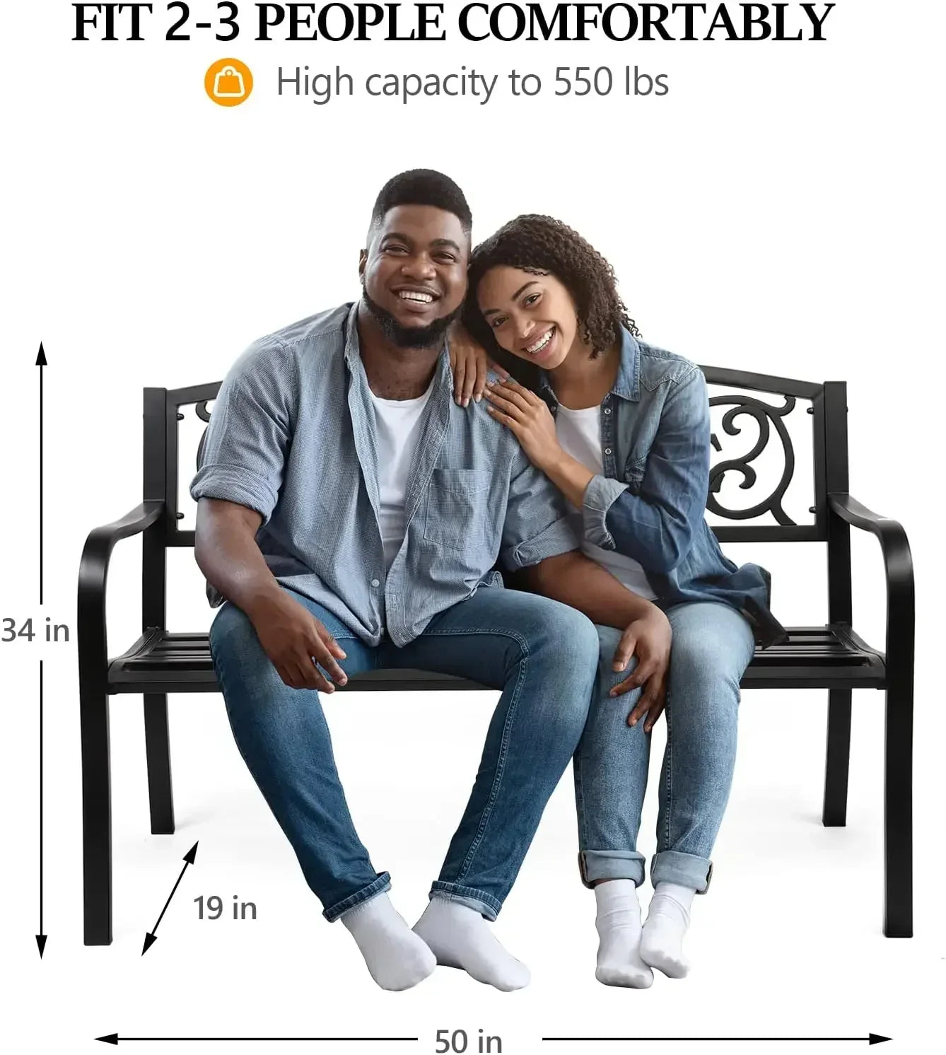 Customizable Black Metal Outdoor Bench for Patio