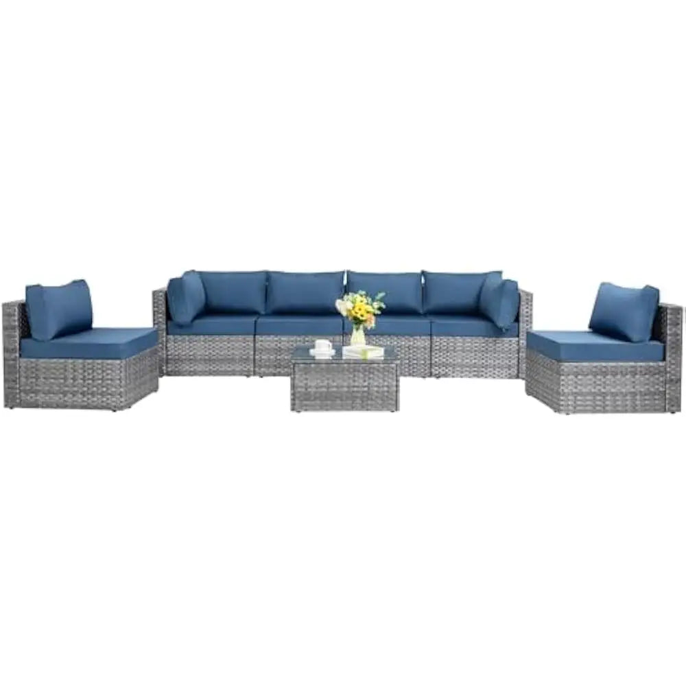 Gray Outdoor Wicker Sectional Sofa, Chairs, Table
