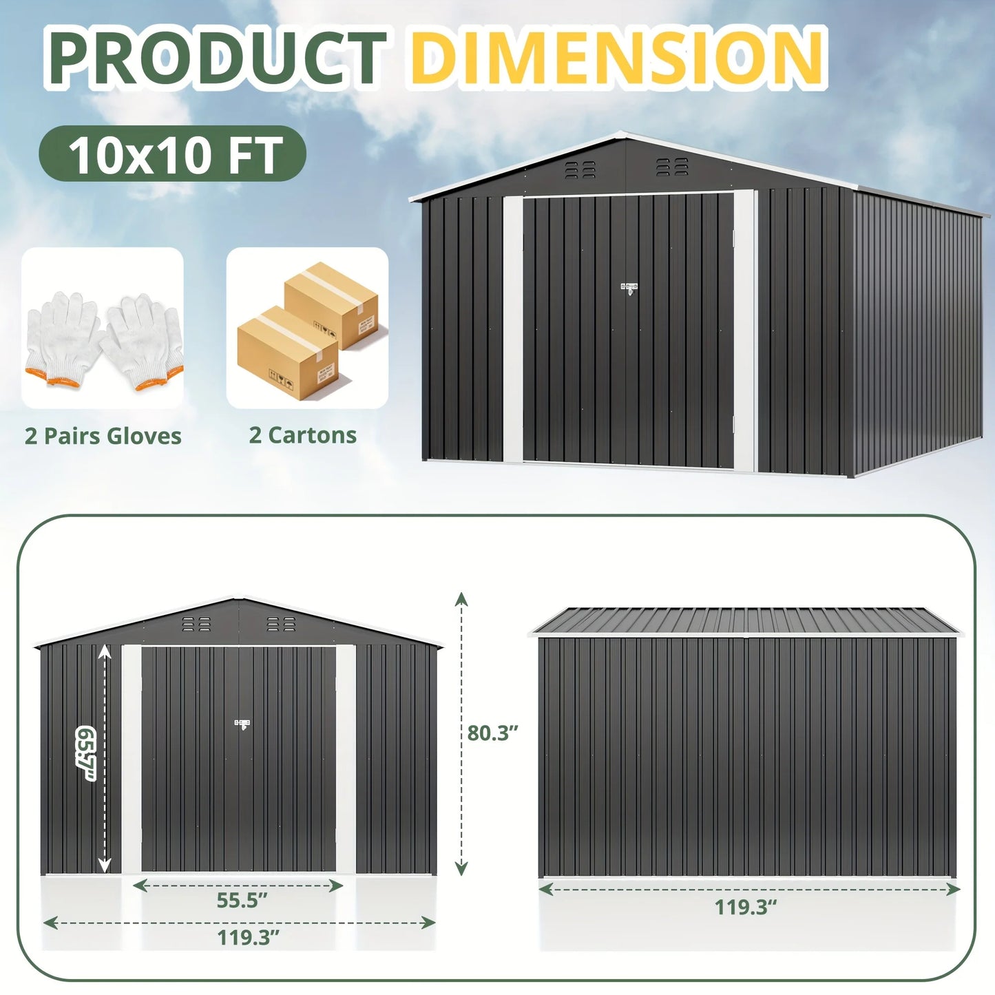 10'x10'~12'x18' Lockable Metal Storage Heavy-Duty Frame Shed