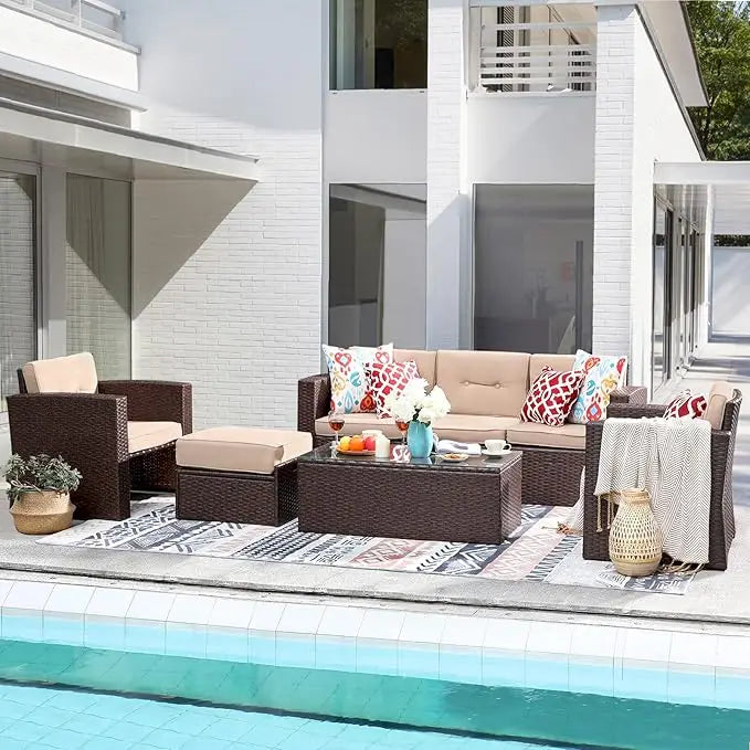 7-Piece All-Weather Patio Furniture- Wicker Sectional & Ottoman