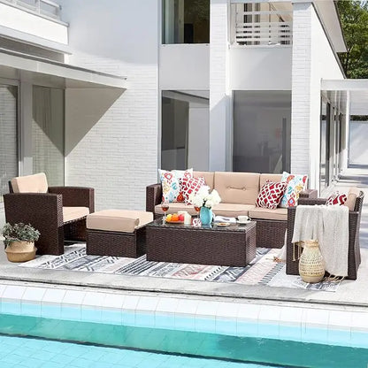 7-Piece All-Weather Patio Furniture- Wicker Sectional & Ottoman