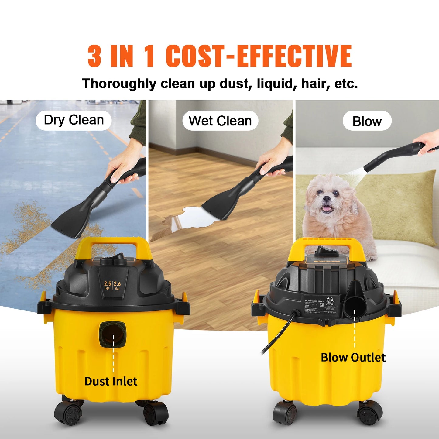 3-in-1 Portable Wet/Dry Shop Vacuum, 2.6-Gallon