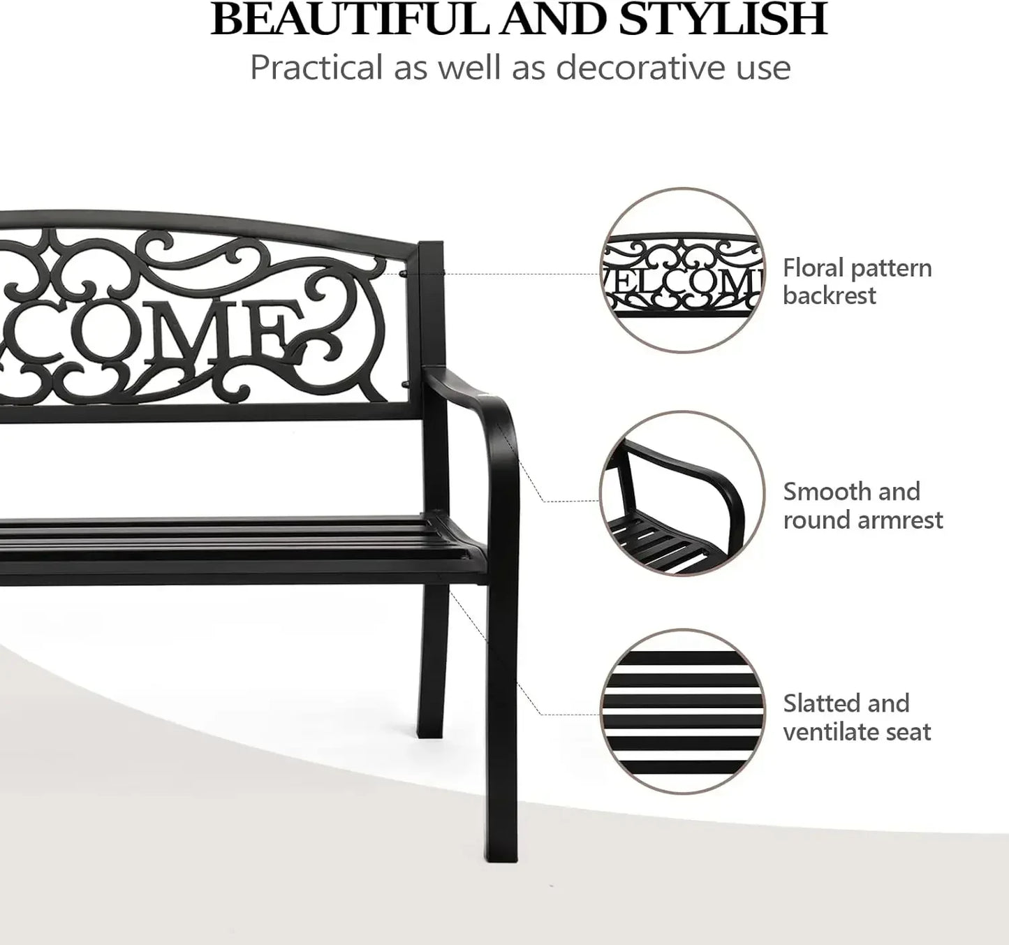 Customizable Black Metal Outdoor Bench for Patio