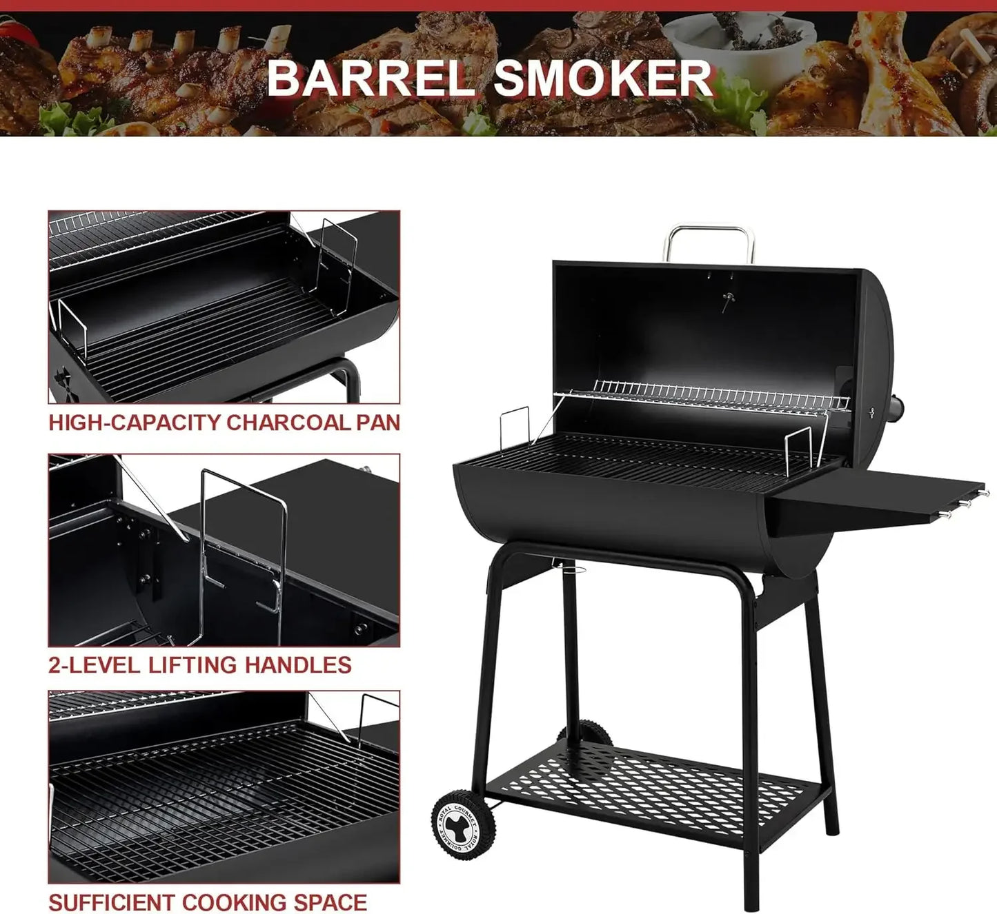 30 Inch Barrel Black Charcoal Outdoor Grill