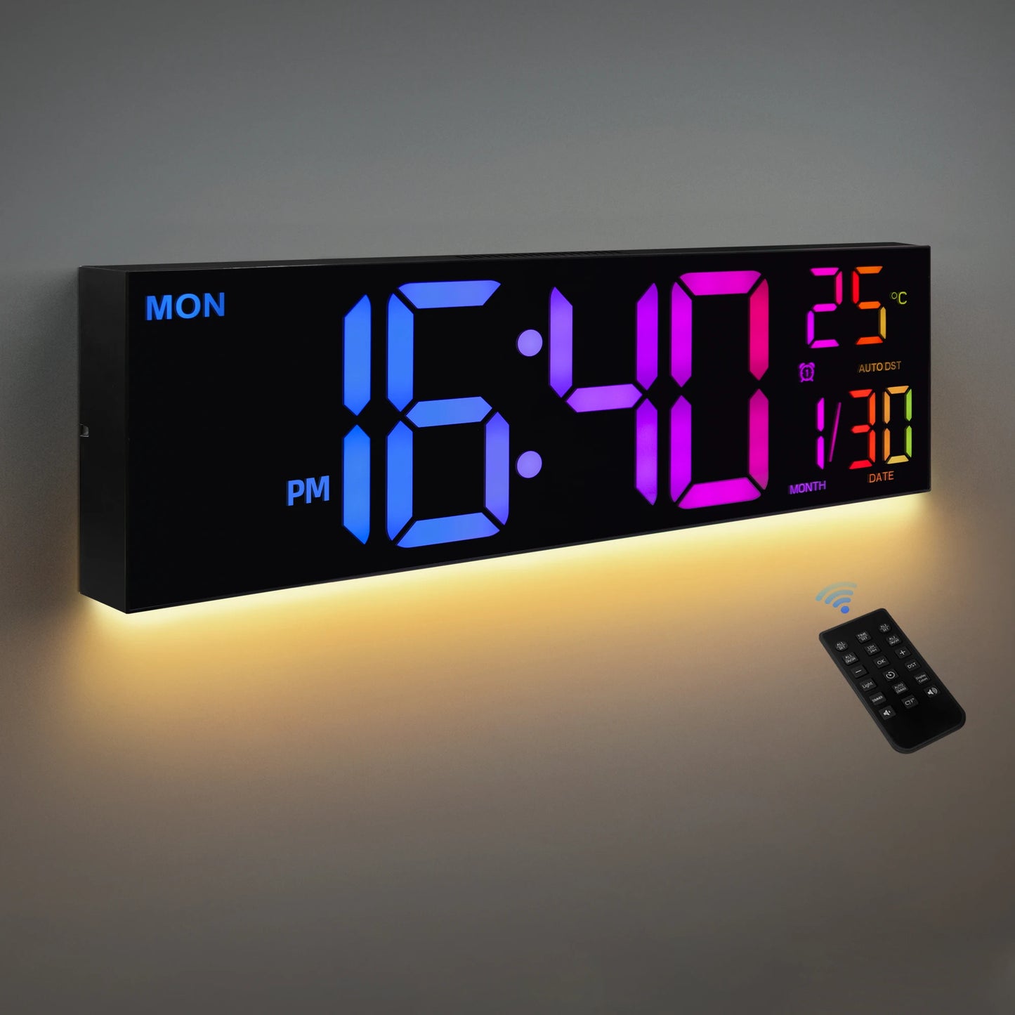 16" Digital Wall Clock, Big LED Display                     with Remote, 8 RGB Color, Alarm, DST, Temperature for Living Room, Kitchen