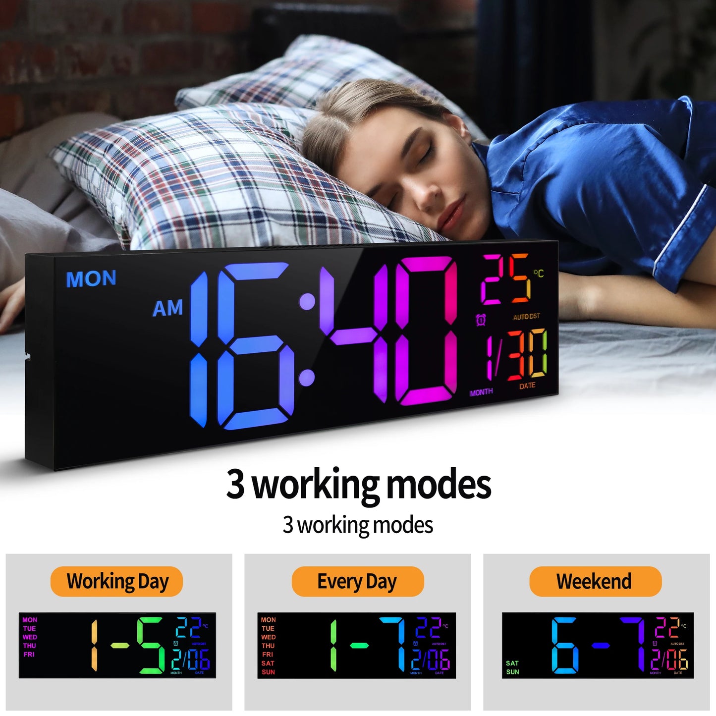 16" Digital Wall Clock, Big LED Display                     with Remote, 8 RGB Color, Alarm, DST, Temperature for Living Room, Kitchen