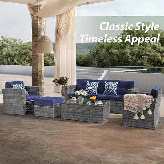 7-Piece All-Weather Patio Furniture- Wicker Sectional & Ottoman