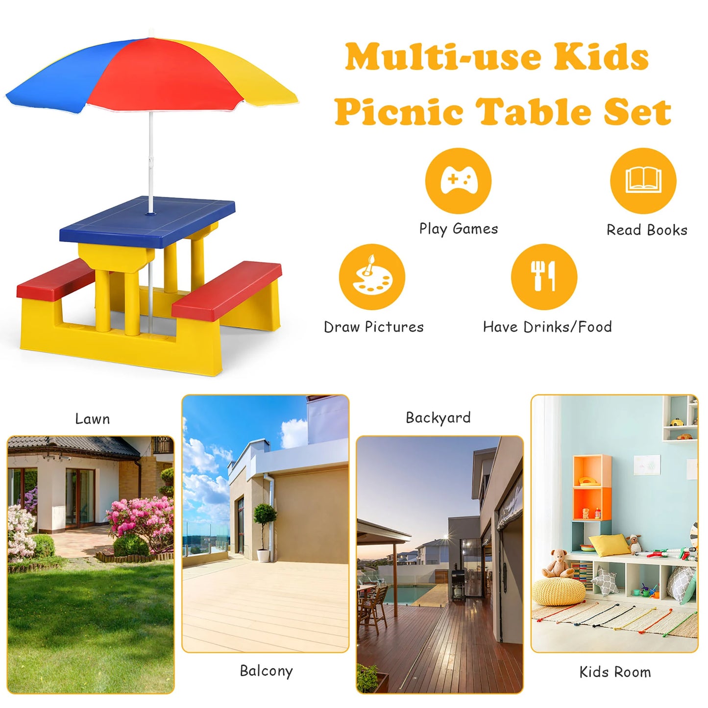 Kids Picnic Table W/Removable Umbrella Indoor Outdoor