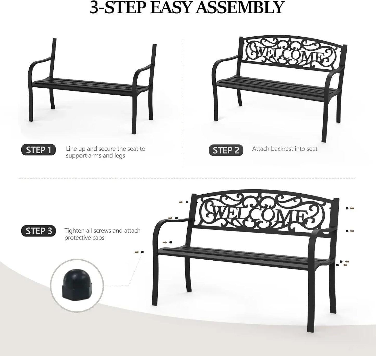 Customizable Black Metal Outdoor Bench for Patio
