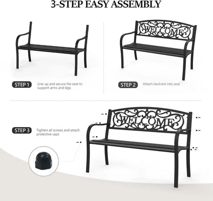 Customizable Black Metal Outdoor Bench for Patio