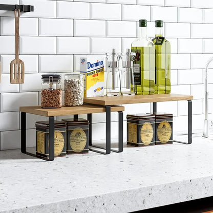 Simple Kitchen Cabinet Organizer Shelf- Wood & Metal         Kitchen Counter Shelves Kitchen Storage Spice Rack Stackable Metal and Engineered Wood