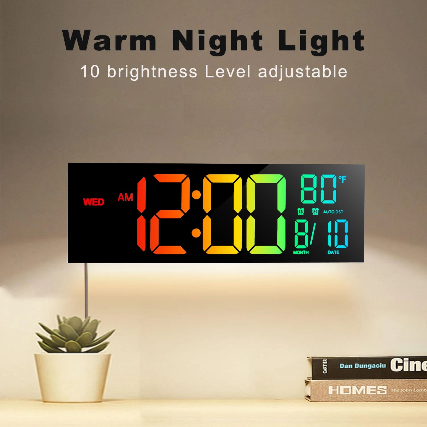 16" Digital Wall Clock, Big LED Display                     with Remote, 8 RGB Color, Alarm, DST, Temperature for Living Room, Kitchen