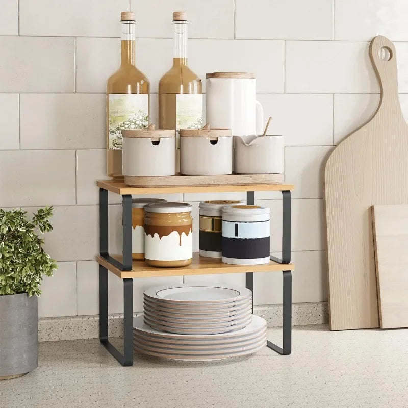 Simple Kitchen Cabinet Organizer Shelf- Wood & Metal         Kitchen Counter Shelves Kitchen Storage Spice Rack Stackable Metal and Engineered Wood