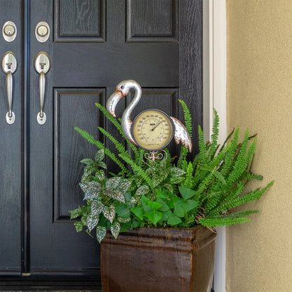 Rustic Iron Flamingo Outdoor Thermometer Garden Stake