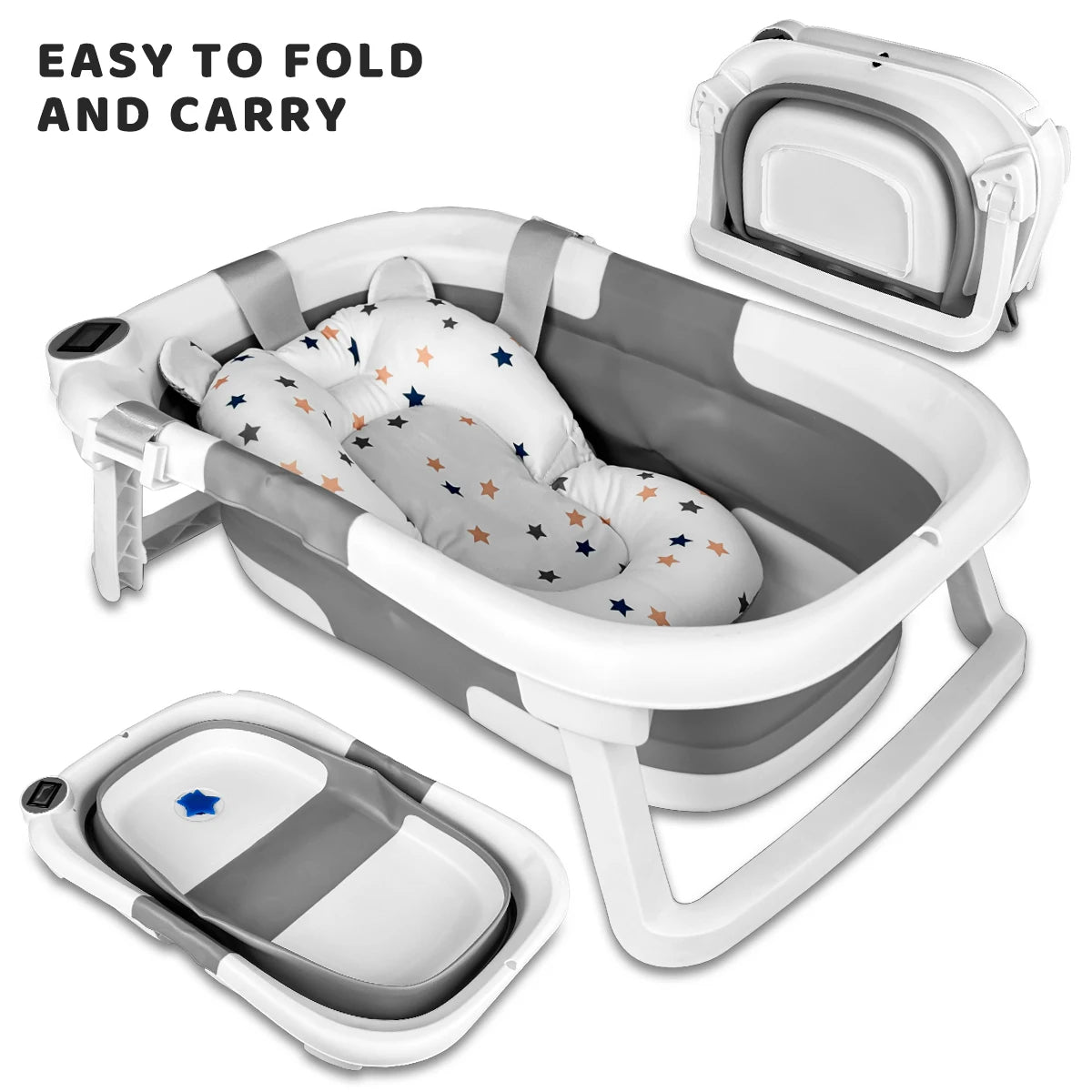 Foldable Baby Bathtub- Soft Cushion & Thermometer
