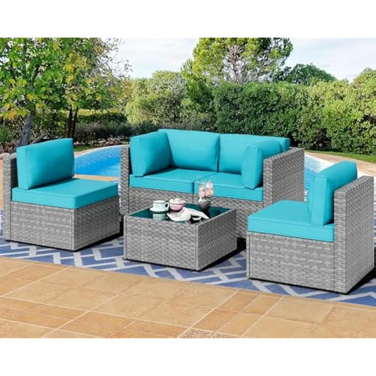 Gray Outdoor Wicker Sectional Sofa, Chairs, Table