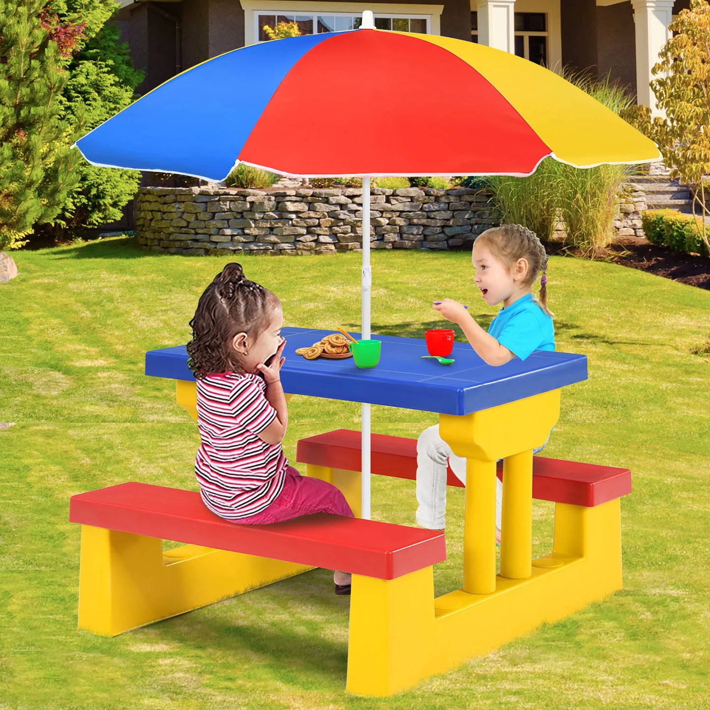 Kids Picnic Table W/Removable Umbrella Indoor Outdoor